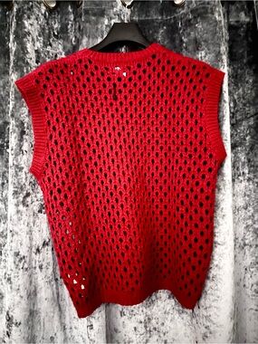 Red Open-Knit Sleeveless Sweater Vest